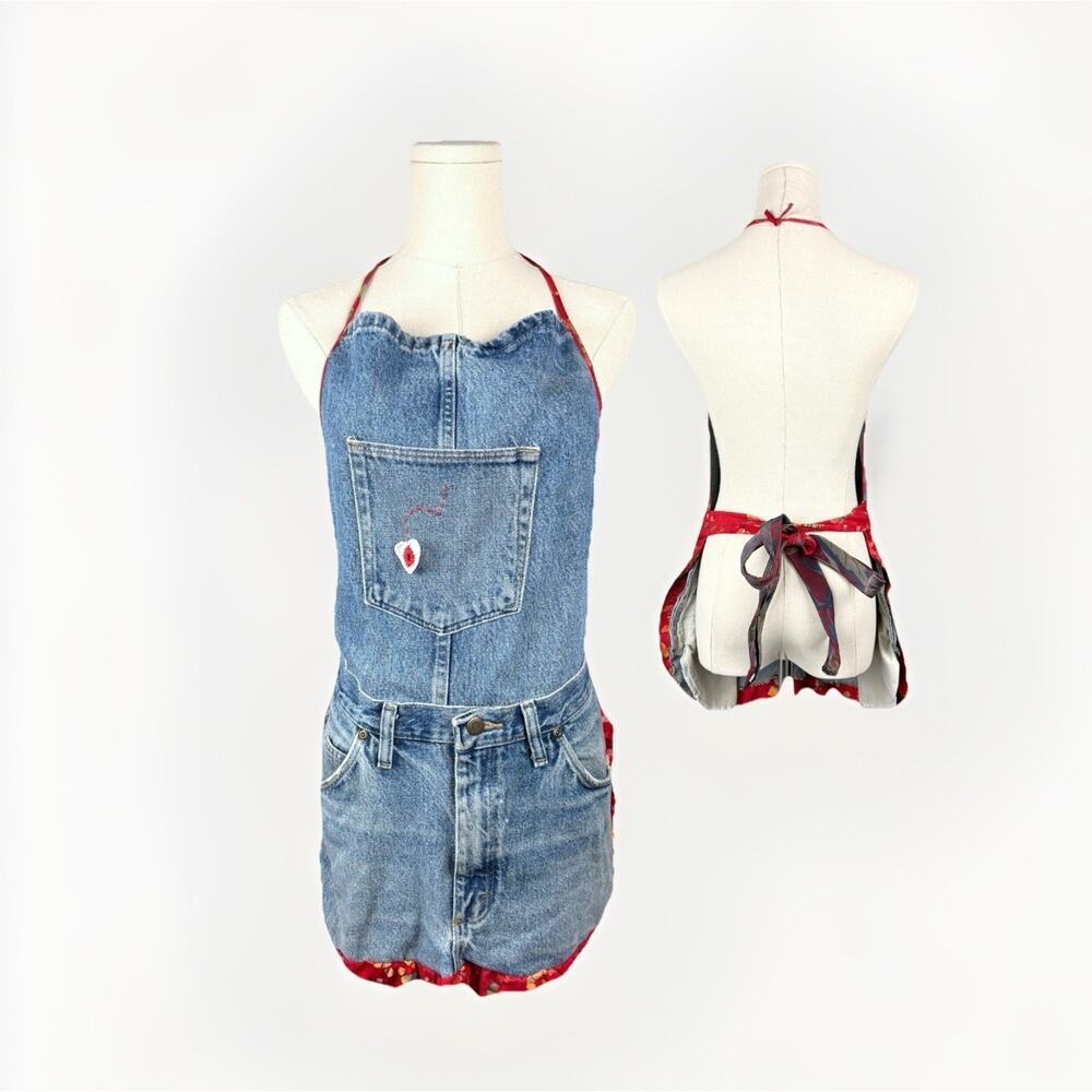 Handmade Upcycled Denim Bib Apron OS Cottagecore Country DIY Artsy Mixed Media